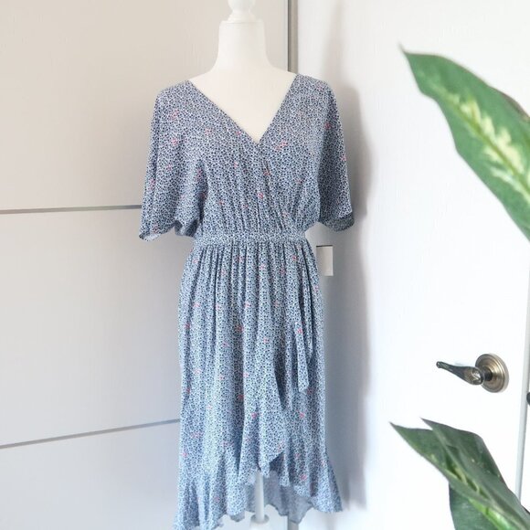 J. Crew Mercantile Blue & White Floral Ruffle Wrap Surplice V-neck Midi Dress - Picture 12 of 13